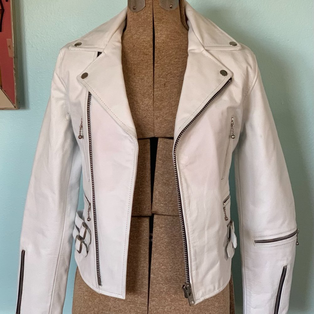 White Leather Zipper Motorcycle Moto Jacket